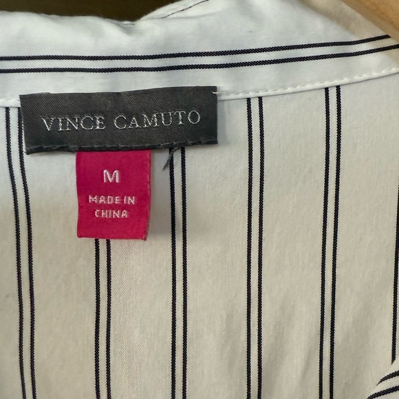 Vince Camuto|White pinstripe button down long sleeve blouse,cinch tie on back• - Picture 7 of 10